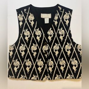 Vintage Express Linen Embroidered Cropped Vest Black Cream Size M